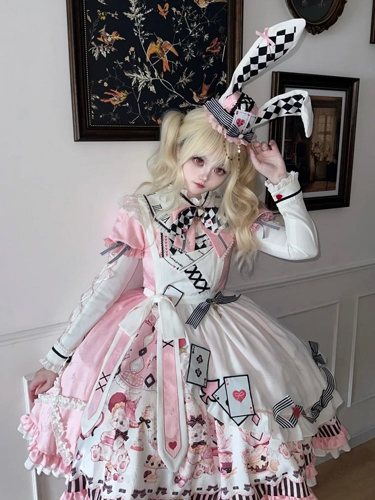 Sweet Lolita Apron Dress OP Full Set with Bunny & Teapot Print in Pink - Ying Luo Fu