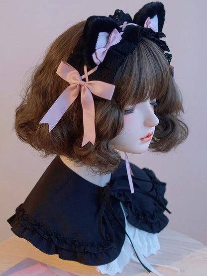 Ear Lace Black And Pink Cat Bowknot Trim Details Hairband