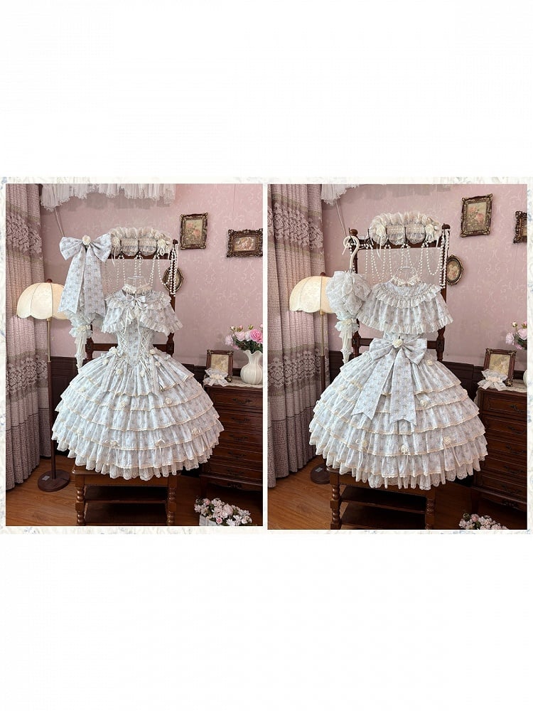 Vintage Blue Floral Lolita JSK Dress Long Layered Ruffle Edition - Loli Cat