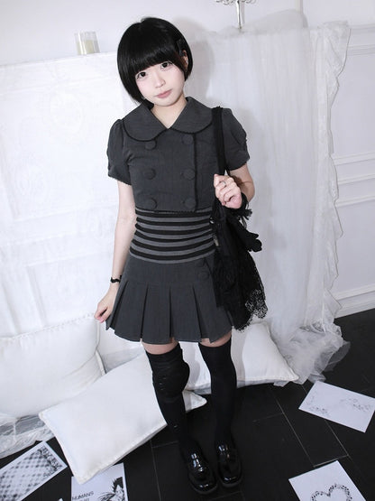 Gray Peter Pan Collar Double Breasted Cropped Top - HBreaker