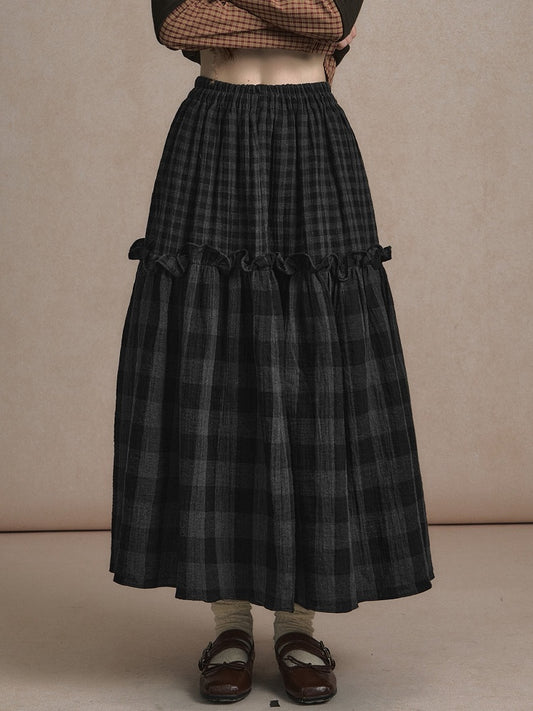 Grey with Details Maxi Vintage Skirt Ruffle Plaid