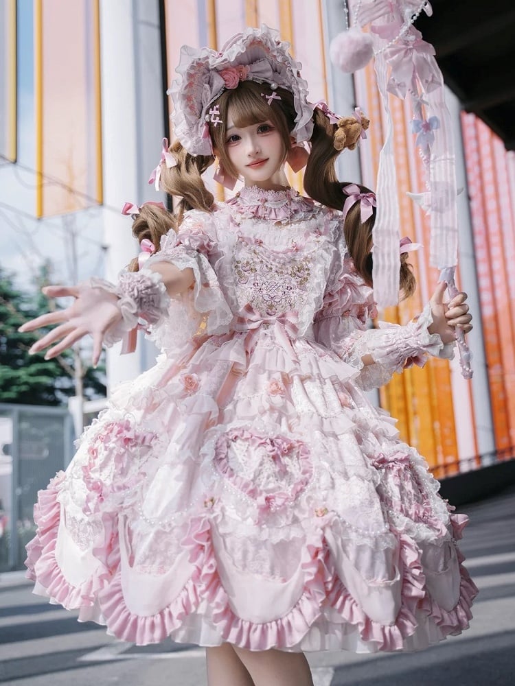 Embroidery Details Light Bead Pink Floral Hanayome Rosette Lolita and Dress Chain