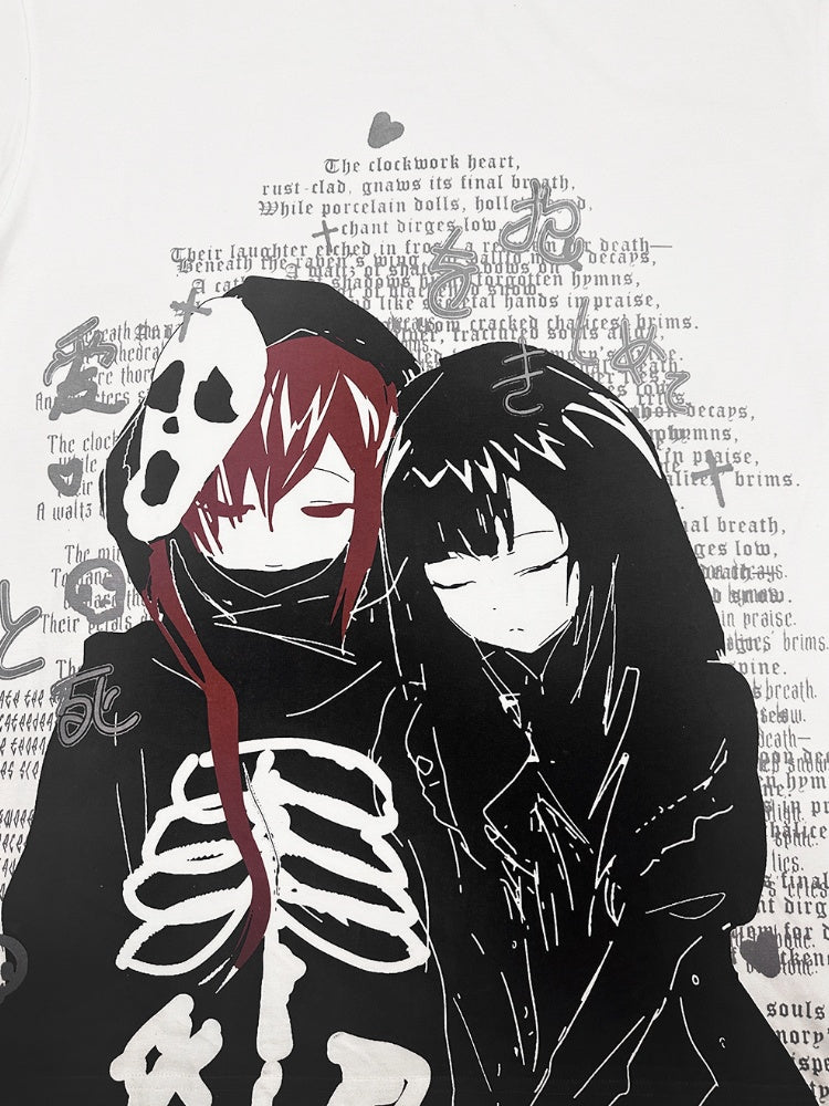 White Punk Couple Cotton Anime T-shirt Bittersweet Print Emo