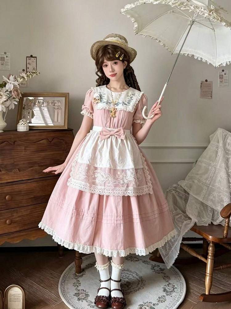 Pink Floral Cotton OP Dress Set with Detachable Apron