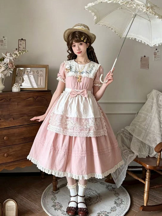 Pink Floral Cotton OP Dress Set with Detachable Apron