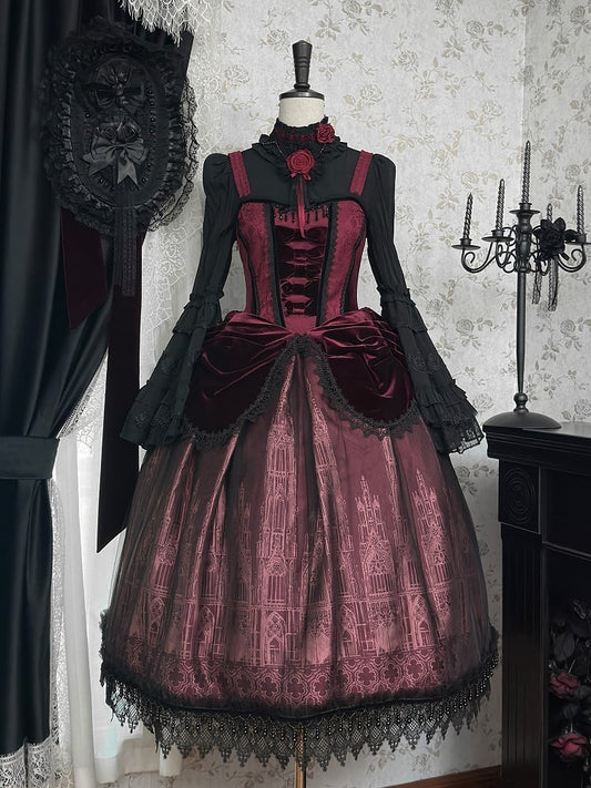 Lolita Dress Cathedral Drapery Waist JSK Burgundy with Gothic Print Velvet and