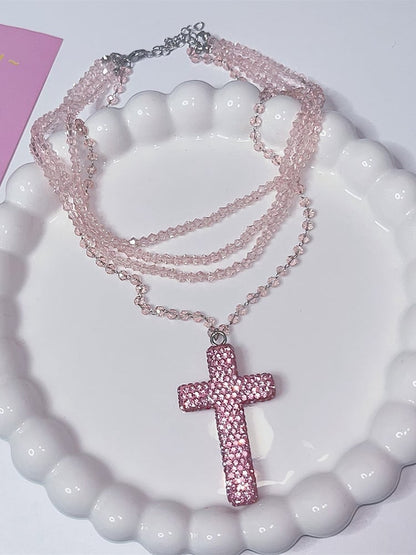 Necklace Layered Punk Pink/Blue Y2K Cross Rhinestone