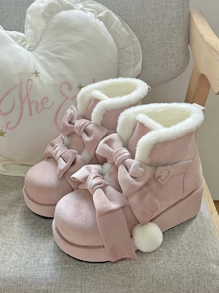 - Lolita Sweet Platform Boots Pompon Winter Charm Pink