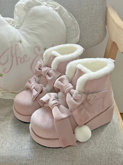 - Lolita Sweet Platform Boots Pompon Winter Charm Pink