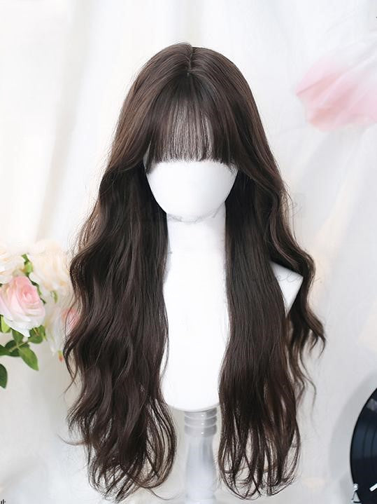 Black/Brown Wavy Natural Bangs Air Wig Long