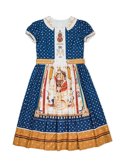 Long Dark Blue Musical Print Peter Pan Collar OP Dress with Tassels - Crucis Universal Tailor Company