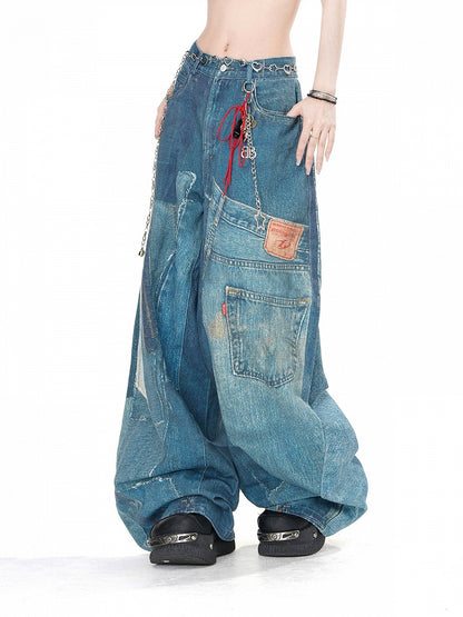 Jeans mit weitem Bein und verblasster Waschung in Denimblau mit Taschen