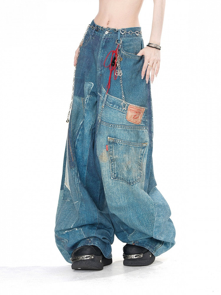 Wash Faded Pockets Wide-Leg Cut Jeans Denim Blau