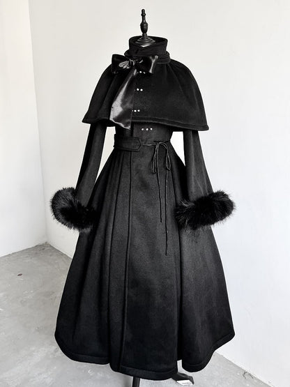 Gothic High and Cape Collar Black Lolita Woolen Furry with Detachable Coat Cuffs Winter