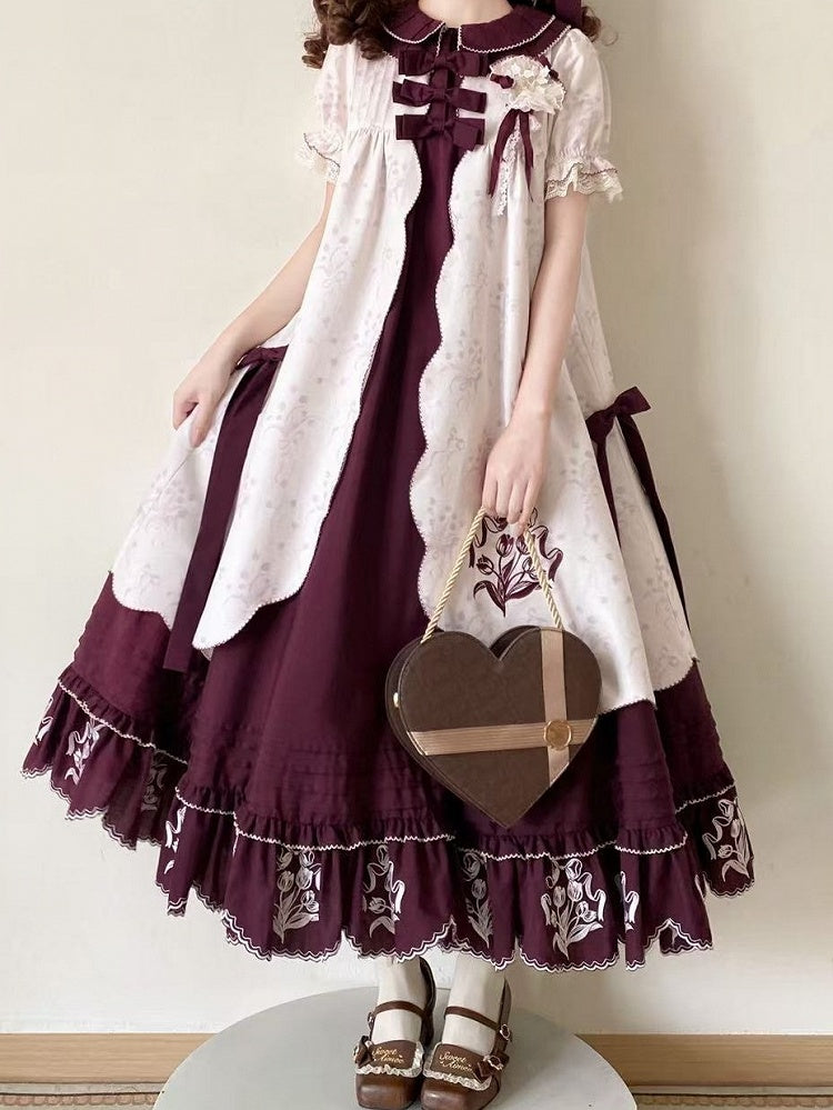 Elegant Tulip Ruffle Embroidered Floral Jacquard Lolita OP A-Line Gown - Whispering Roses
