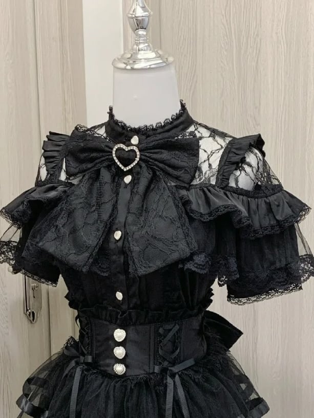 Big Ruffles Black/White Illusion Neckline Tiered Heart Buttons Short Jirai Kei Bow Sleeves Blouse with
