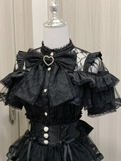 Big Ruffles Black/White Illusion Neckline Tiered Heart Buttons Short Jirai Kei Bow Sleeves Blouse with
