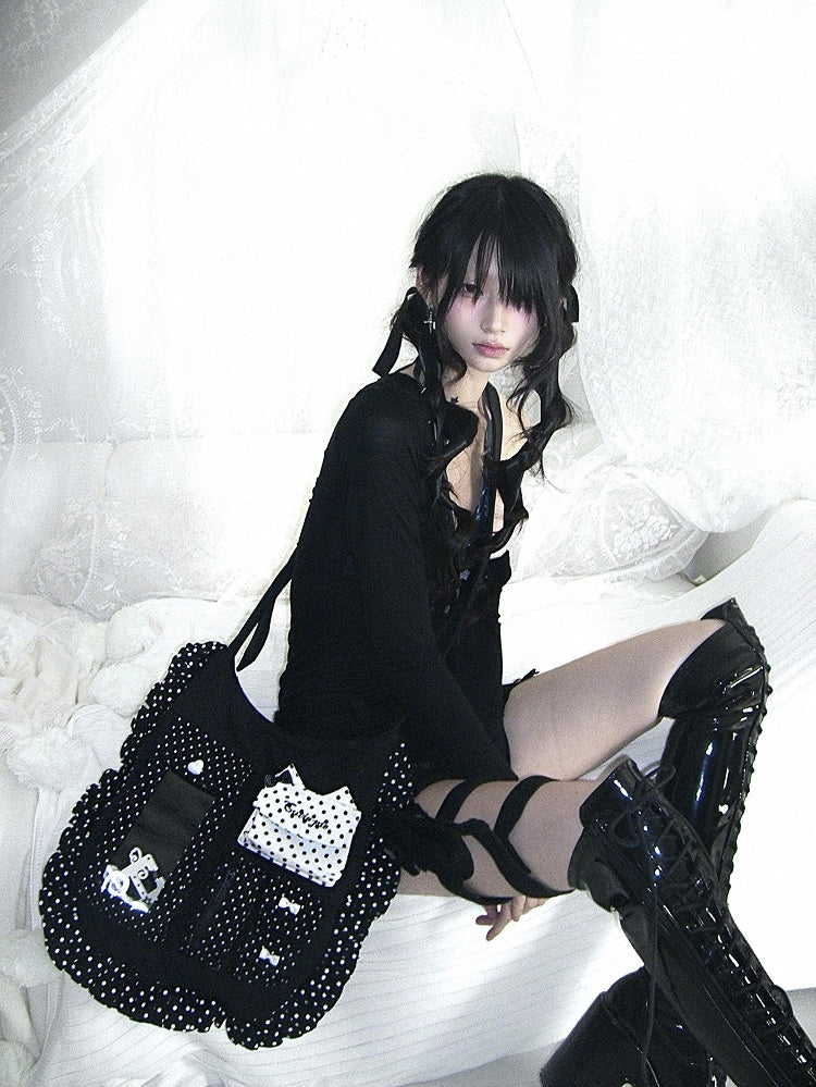 Multiple White Polka Oversized Bow Kawaii Black Pockets Crossbody Dot Bag with