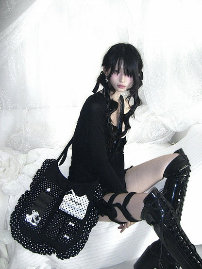 Multiple White Polka Oversized Bow Kawaii Black Pockets Crossbody Dot Bag with