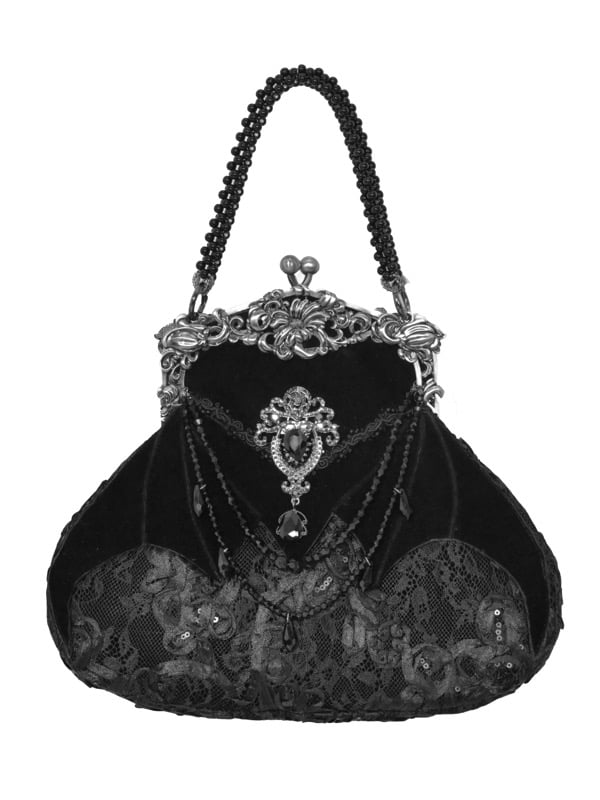 with Handbag Beaded Chains Design and Rhinestone Velvet Lace Bat Handle Black
