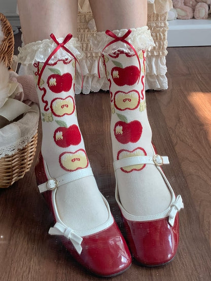 Green/Red Lace Apple Lolita Print Calf Sweet Trim Socks