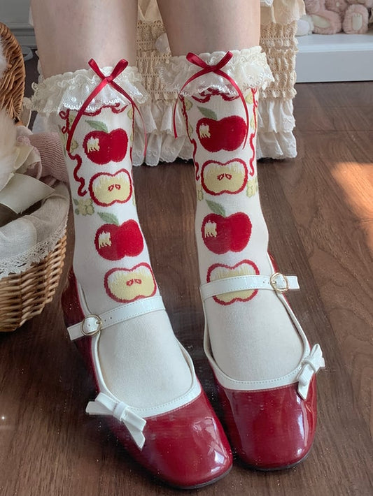 Green/Red Lace Apple Lolita Print Calf Sweet Trim Socks