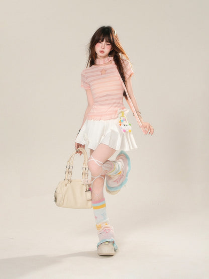 Rock mit Akzenten Charm JK Uniform Weiß Hohe freie Taille Bowknot