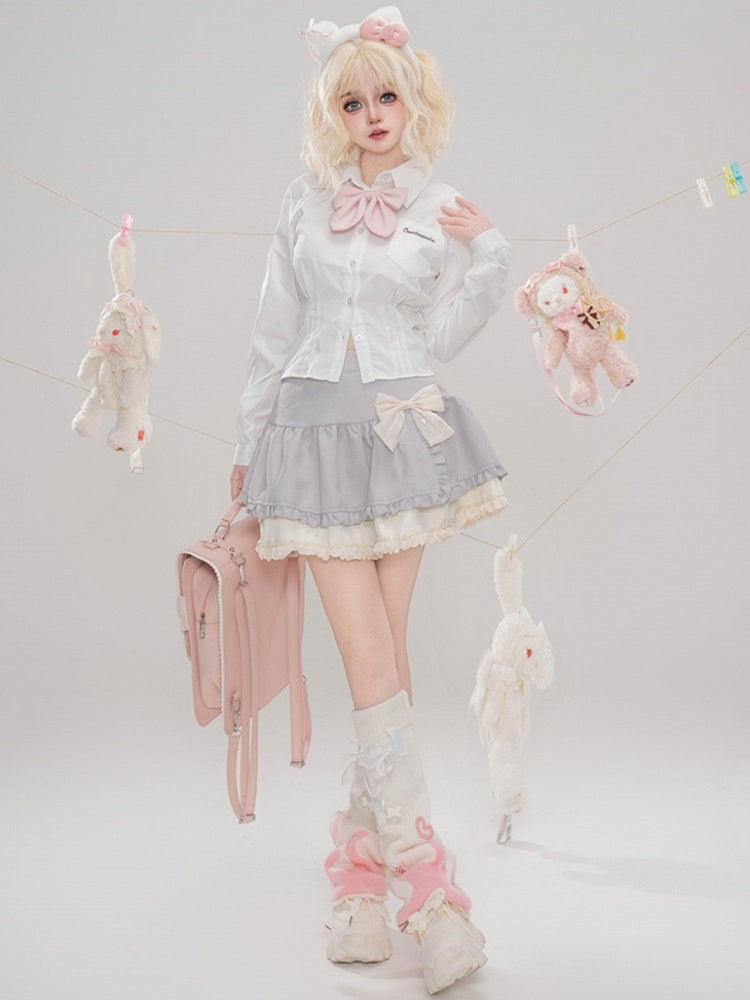 Grey Bowknot Details Tiered Skirt Lace Trim