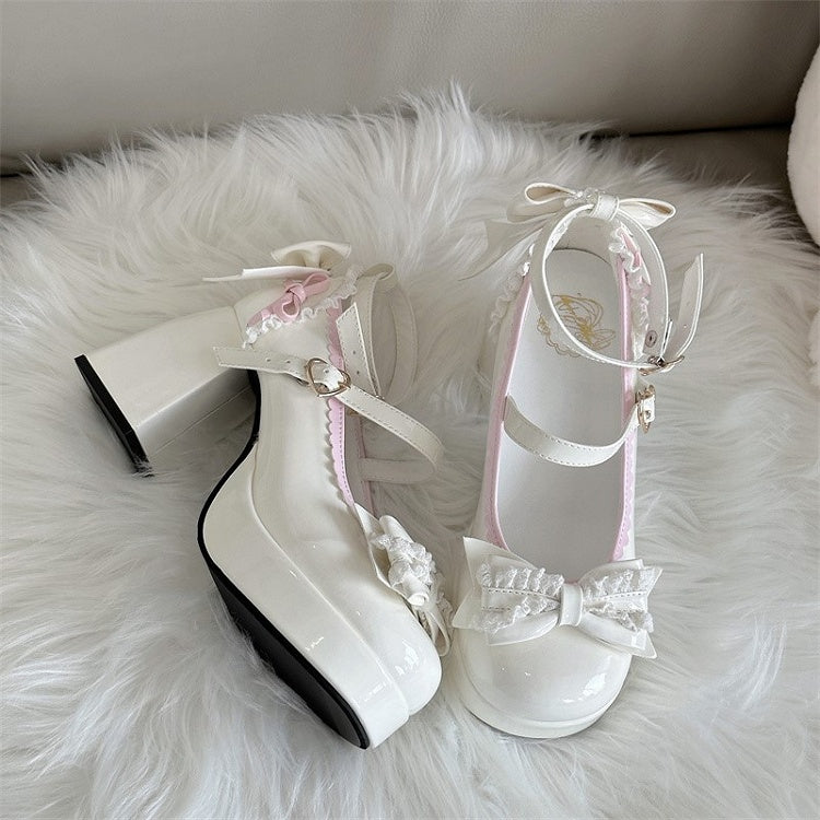 Elegant in - Shoes Decor Lolita Bow High Block Snap Platform Round-Toe Heel Heart-Shaped White