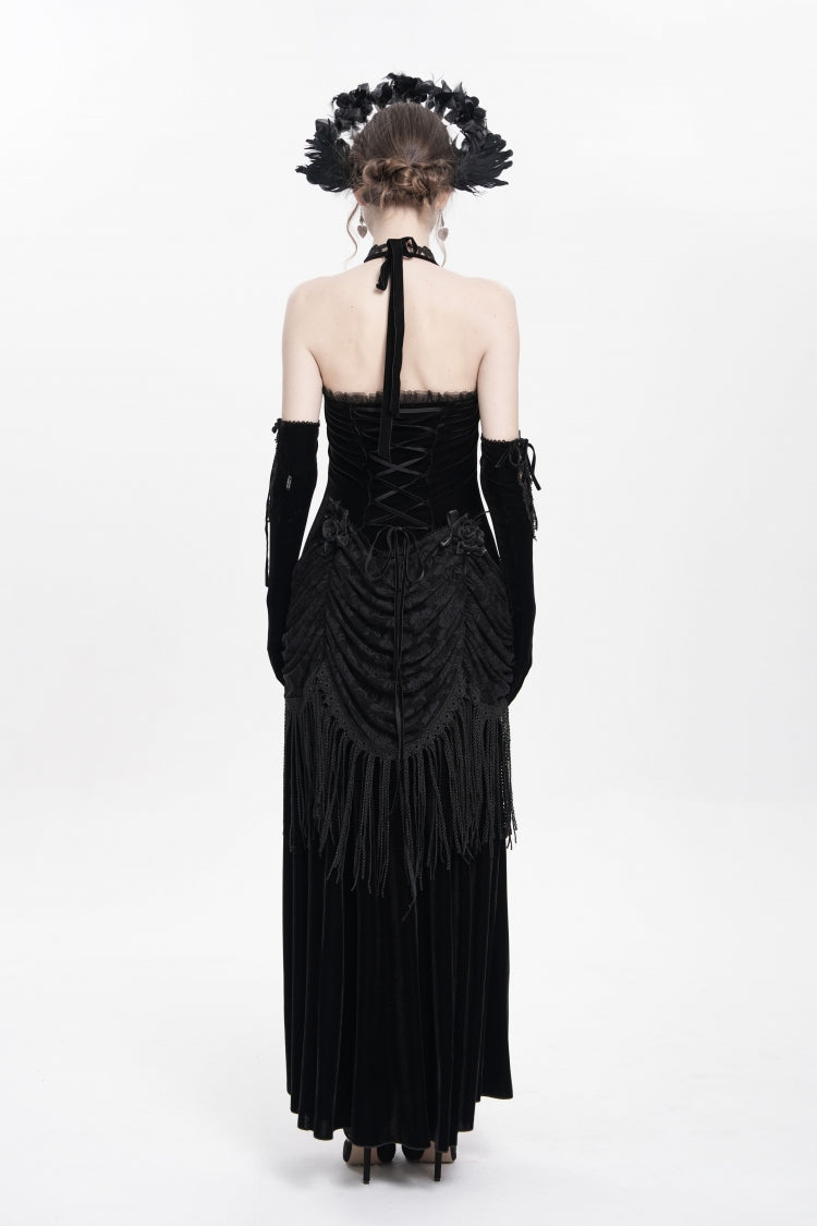 Black Hollow Floral Embroidery Lace-Up Pleated Maxi Dress