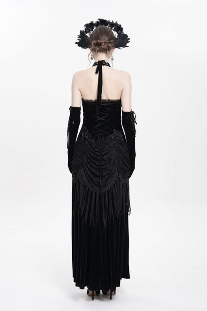 Black Hollow Floral Embroidery Lace-Up Pleated Maxi Dress
