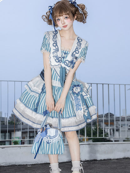 Light Blue Striped Low Waist Sailor Dress with Embroidery - Twin Bear Original Design
