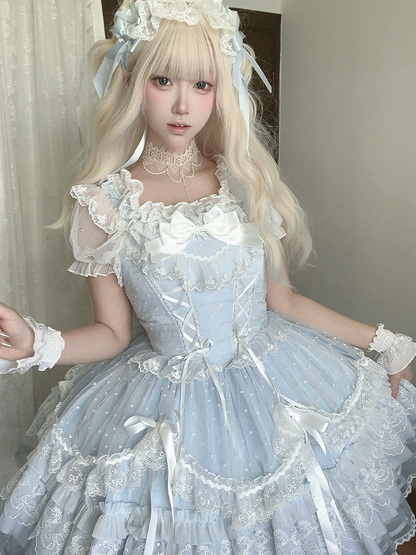 Jumper Detachable Sleeves Skirt Sweet Lolita Dress Flutter with Big Blue Lace-up Bodice High Waist Bow