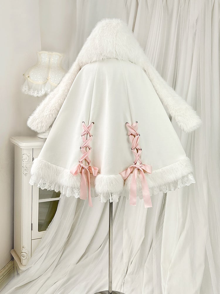 Plush Hooded Lace Oversized with Bunny Bows Winter and Pink White Ears Cape Trim
