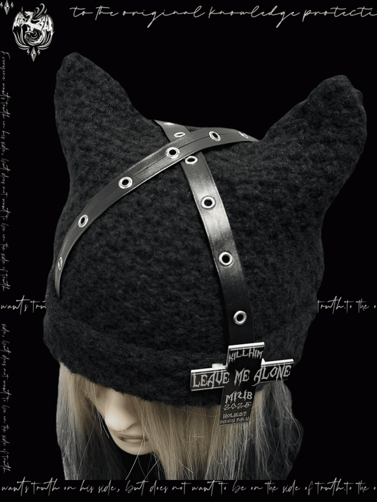 Straps Accent Beanie Design Criss-cross Glamorous Cross Punk Black Cat Ears