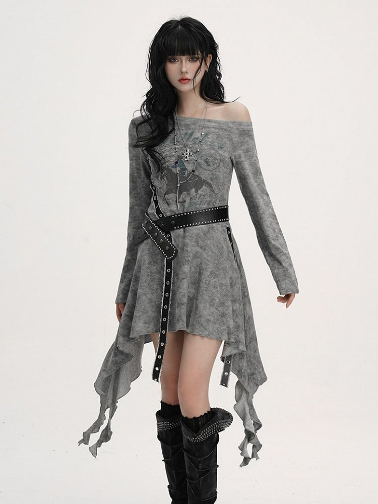 Equestrian Asymmetrical Studded Belt with Handkerchief Dress Gothic Neckline Hem Gray