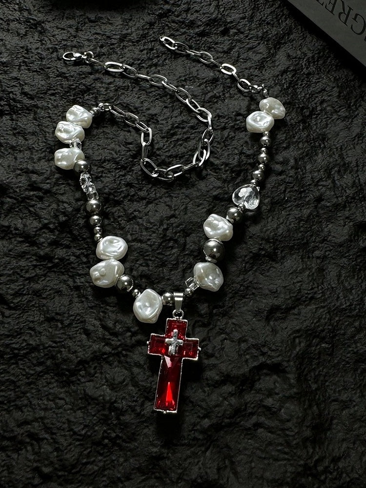 Y2K Red Cross Pendant with White Pearl Beads - YSHXS