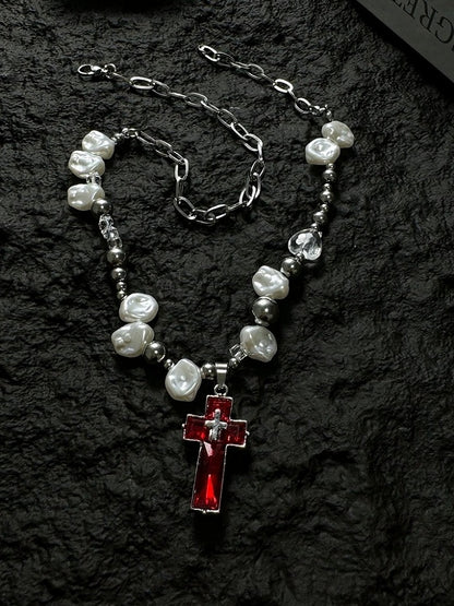 Y2K Red Cross Pendant with White Pearl Beads - YSHXS