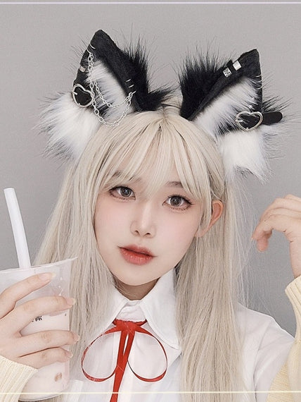 Lolita Shaggy Details BlackWhite/Gray/Red Punk Buckle Heart