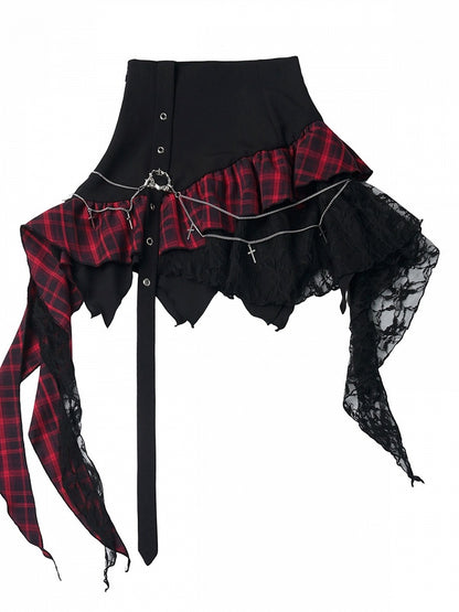 Asymmetrical Red Black Plaid Skirt Chain Decoration - PINK SAVIOR