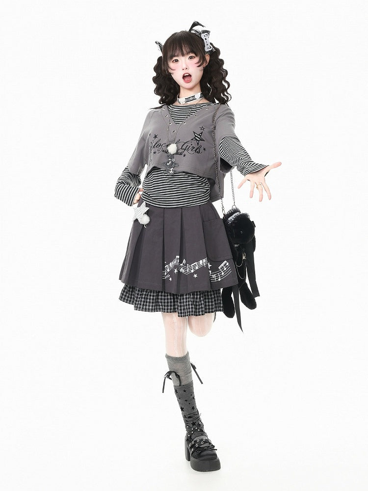 Black & Gray Striped Round Neck Long Sleeve Layering Top - Languid Park