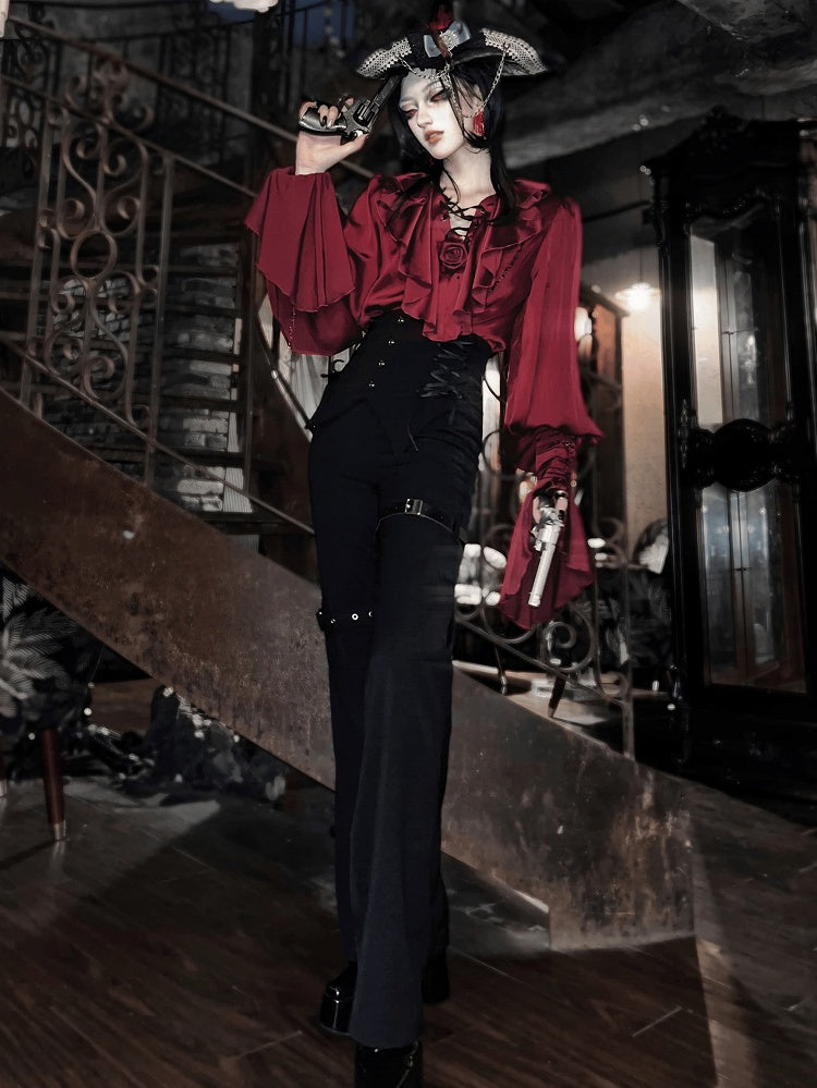Regal V-Neck Shirt and Corset Pants Set - Shi Zhi Mao