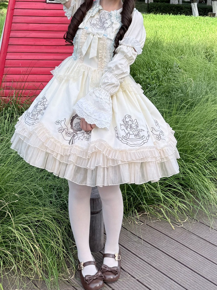 Apricot Lolita OP Full Set with Floral Embroidery, Bonnet, Sleeves, Hairband and Bow Clip - Double sweet Lolita