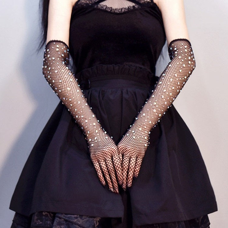 Gloves Fishnet Rhinestone Decorated Long