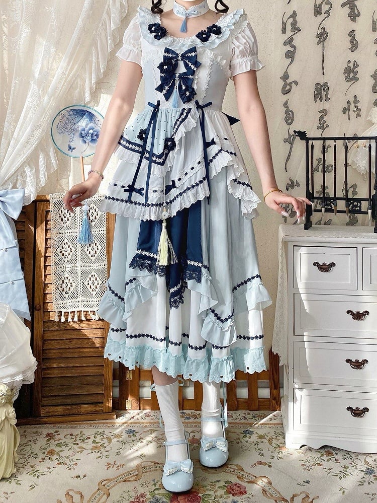 and Floral JSK Dark Lolita Sleeves Dress Embellished Flutter Blue Bow