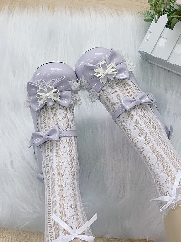 5.5CM Mid Heel Cherry Blossom Purple Round Toe Shoes with Lace & Bow - Hazelnut Bear
