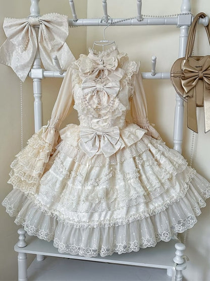 White Hanayome Lace Apricot Dress Lolita Jumper Decorated Skirt Trims Bows