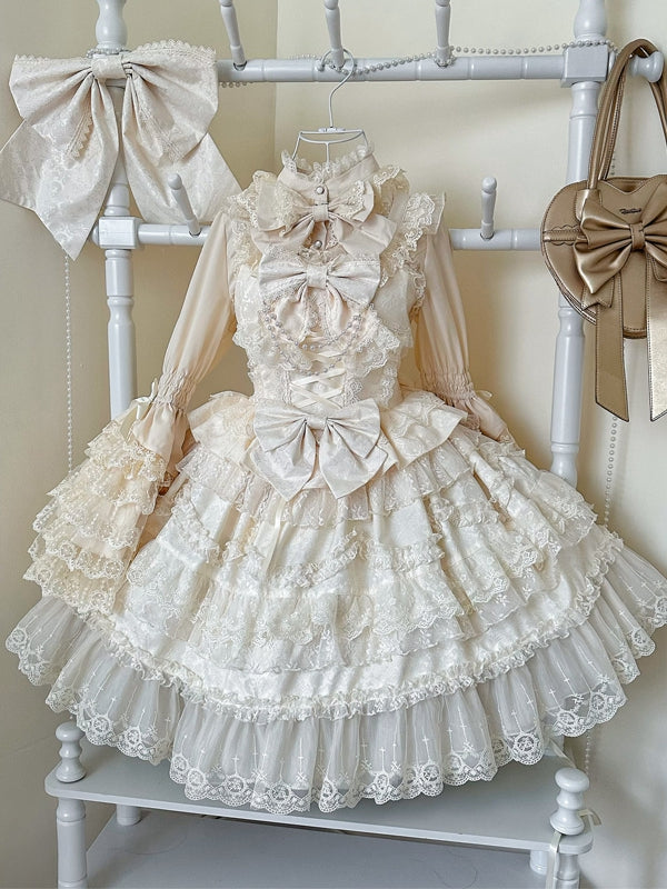Weißes Kleid Hanayome Lolita Pullover Schleifen Rock verziert Spitze Apricot Trims