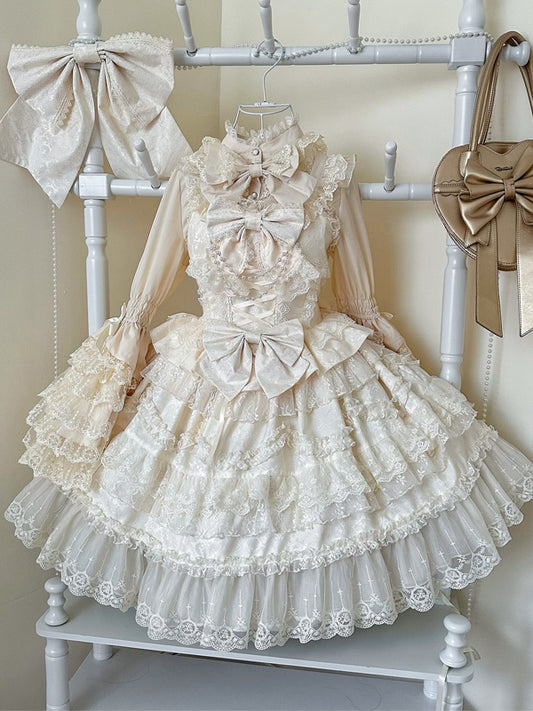 Weißes Kleid Hanayome Lolita Pullover Schleifen Rock verziert Spitze Apricot Trims