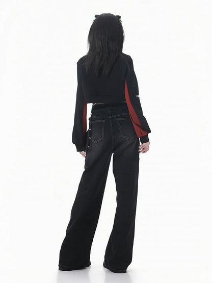 Futuristic Red Cropped Black Checked Color-Block Camisole Sweatshirt Techwear with